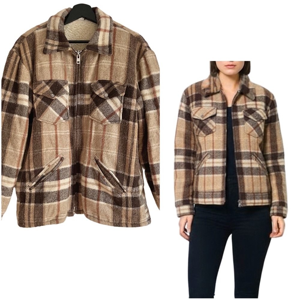 VINTAGE WOOL PLAID SHIRT FLANNEL SHEARLING JACKET SHACKET ZIPPER LUMBERJACK